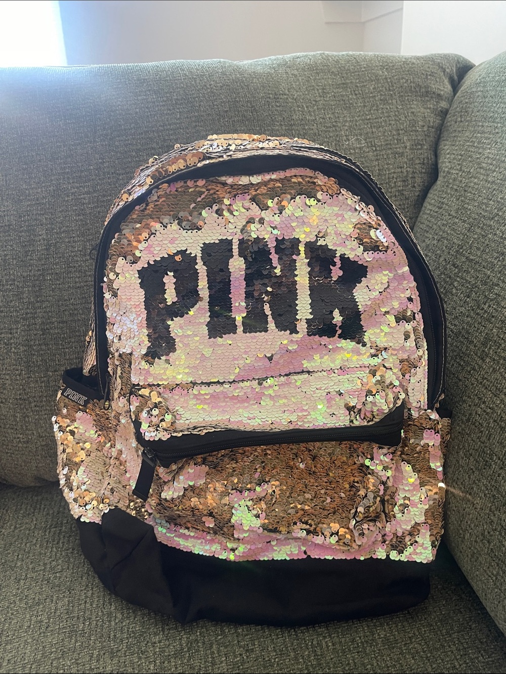 PINK Victoria's Secret Iridescent Sequin Kids Backpack - Pink & Black